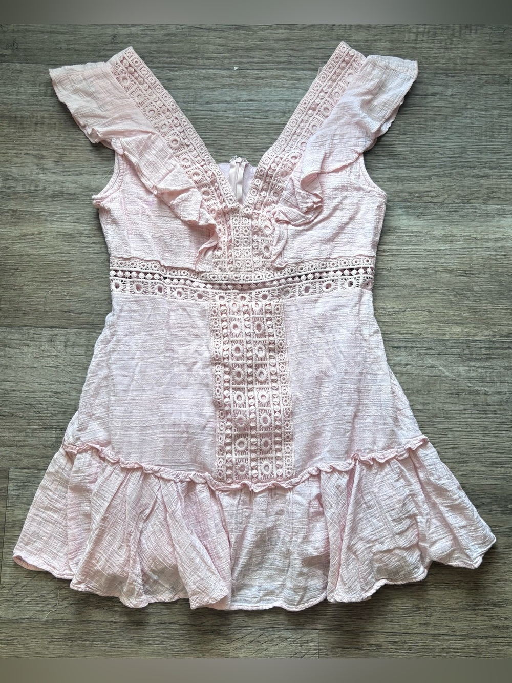 Pale Pink Eyelet Ruffle Coquette Mini Dress Femenine Cottagecore Gatherings Sz L